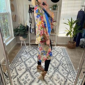 BRAND NEW! Sheer Floral Knit Kimono, Nude Background w/‎ Yellow, Coral, and Blue